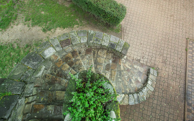 aerial view of stone stairs in the city.