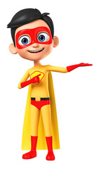 Fototapeta na wymiar Boy in a superhero costume points a finger at an empty palm on a white background. 3d rendering. Illustration for advertising.