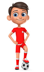 Boy in red uniform with a soccer ball on a white background. 3d rendering.