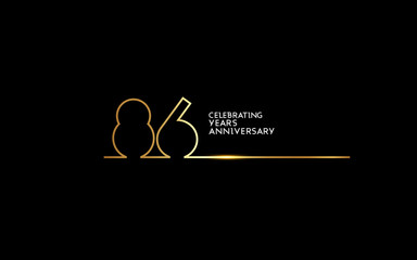 86 Years Anniversary logotype with golden colored font numbers made of one connected line, isolated on black background for company celebration event, birthday
