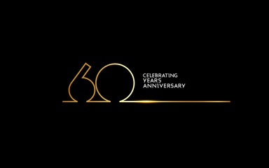 60 Years Anniversary logotype with golden colored font numbers made of one connected line, isolated on black background for company celebration event, birthday