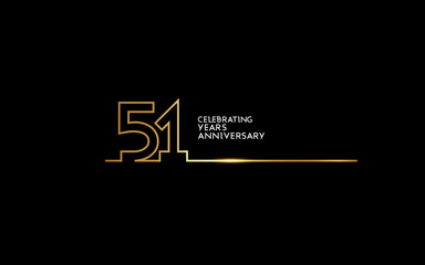 51 Years Anniversary logotype with golden colored font numbers made of one connected line, isolated on black background for company celebration event, birthday