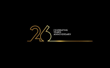 26 Years Anniversary logotype with golden colored font numbers made of one connected line, isolated on black background for company celebration event, birthday