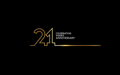 21 Years Anniversary logotype with golden colored font numbers made of one connected line, isolated on black background for company celebration event, birthday