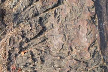 Surface of the uneven stone  with brown tint, India. Background textured of the rock, macro, clos-up