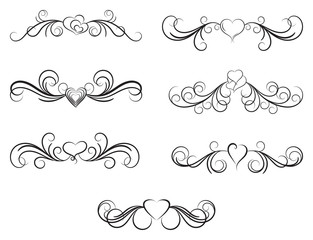 Calligraphic design elements. Simple vector dividers with hearts.