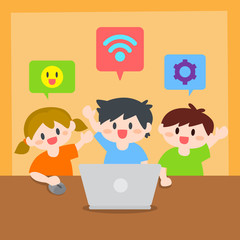 Children, Boy and Girl Learn Computer or Laptop Illustration