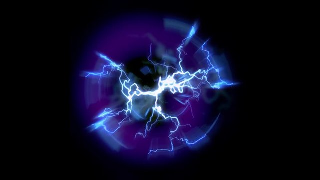 Lightning and bright light in energy ball with spherical plasma radiating electric rays. Looping animation.