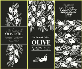 Olive tree banner set. Vector hand drawn vintage illustration on chalk board. Design for olive oil, olive packaging, natural cosmetics, health care products. Retro style image.