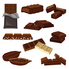 Flat vector set of chocolate products. Candies, pieces of bars and cacao bean full of seeds. Sweet food. Elements for poster or banner of candy shop