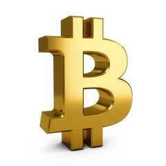 3D Rendering golden Bitcoin Sign isolated on white background
