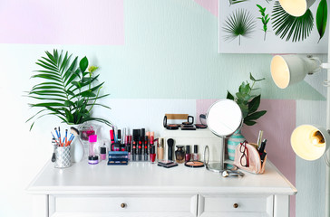 Set of decorative cosmetics on table indoors