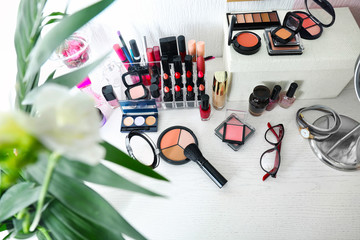 Set of decorative cosmetics on table