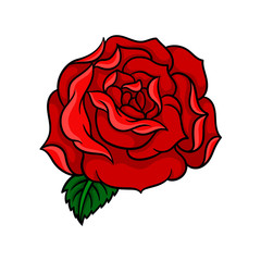 Bud of rose with bright red petals and one green leaf. Old-school tattoo design. Vector for postcard, sticker or notebook cover