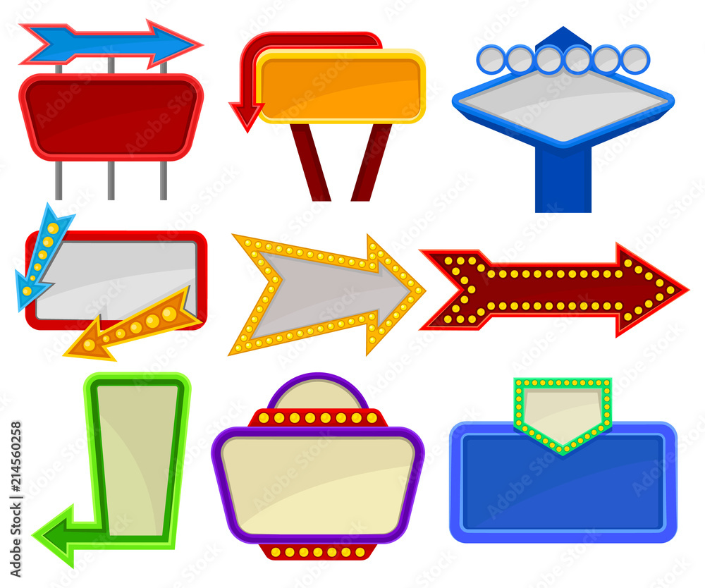 Poster flat vector set of various signboards. bright billboards with place for text and arrows with small b