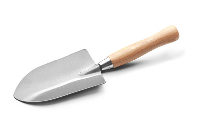 Metal shovel for gardening on white background