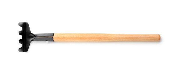 Metal rake for gardening on white background