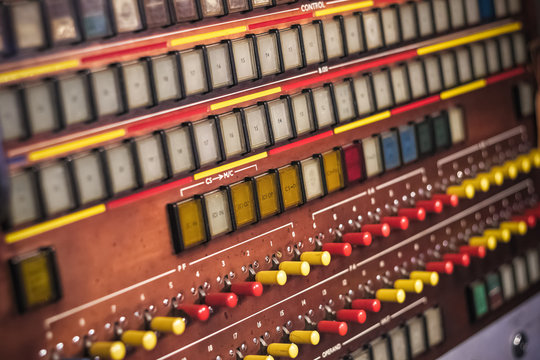 Early computer, Ferranti Atlas Computer Console with many pushbuttons and toggle switches