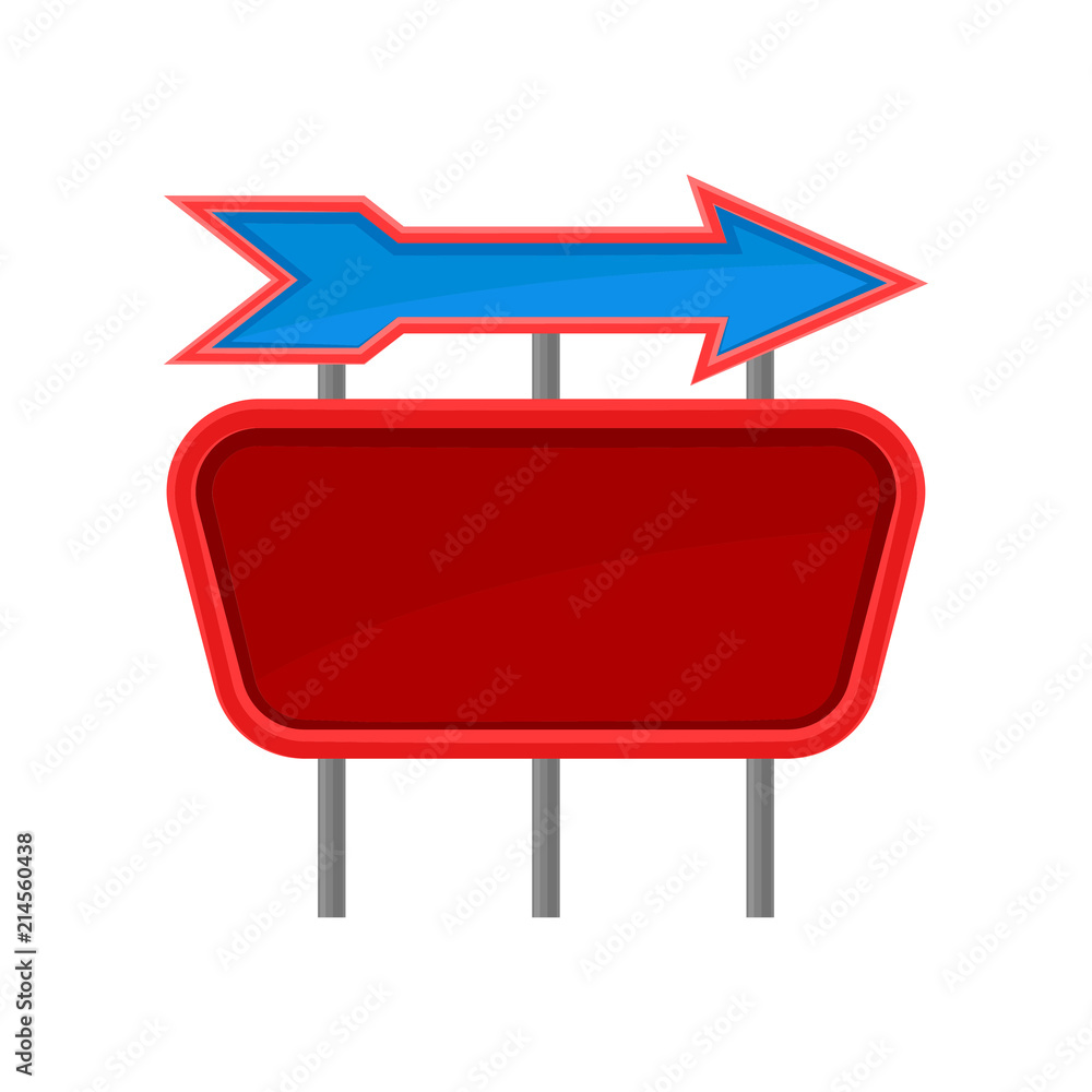 Poster empty red signboard and blue arrow on metal poles. advertising billboard with place for text. flat v