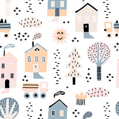 Childish seamless pattern with old buildings, cars, and trees. Good for kids fabric, textile, nursery wallpaper. Seamless city landscape. Scandinavian style