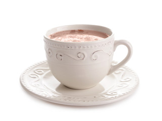 Cup of tasty cocoa drink on white background