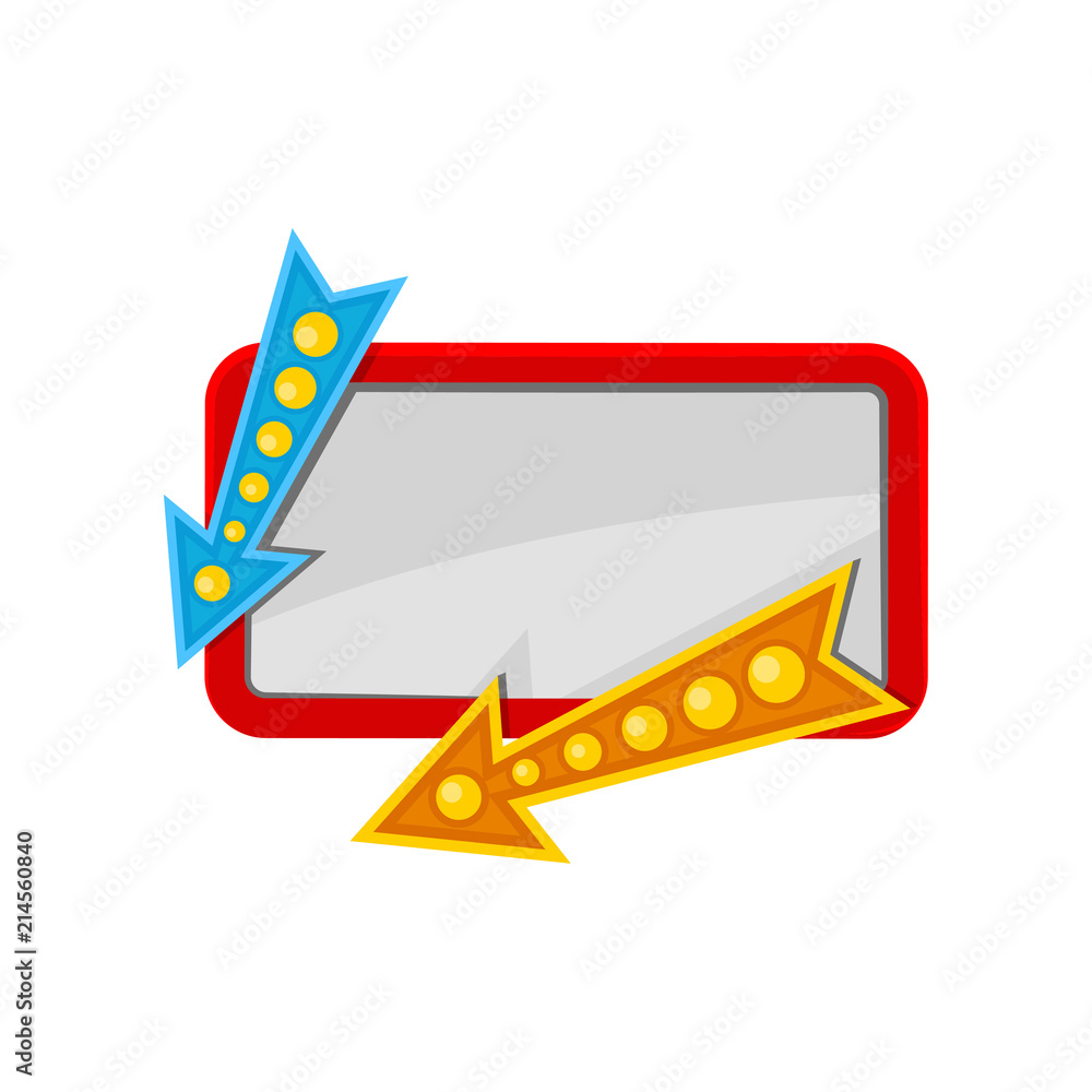 Poster billboard with red frame and two arrows with bulb lamps. sign with place for your text. flat vector 