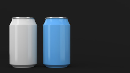Two small white and blue aluminum soda cans mockup on black background