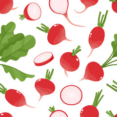 Vector seamless pattern with cartoon radish isolated on white.