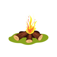 Burning bonfire on green grass. Firewood and hot yellow-orange fire. Element of Stone Age. Flat vector for mobile game or children book