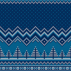 Winter Holiday Knitted Sweater Pattern with Christmas Trees. Wool Knit Seamless Melange Texture Imitation with Shades of Blue Colors