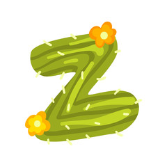 Z letter in the form of cactus with orange blooming flowers, green eco English letter vector Illustration on a white background