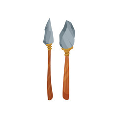Ancient stone spears with wooden handles. Prehistoric weapon of primitive people. Flat vector for mobile game or children book
