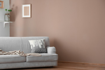 Comfortable sofa near color wall in living room
