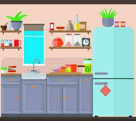 The interior of a simple kitchen with fridge, cabinets and sink. Vector illustration.