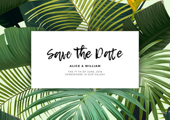 Floral wedding invitation with guzmania flowers, monstera and royal palm leaves. Exotic hawaiian vector background. - obrazy, fototapety, plakaty