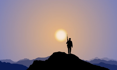 A Soldier Climbing Onto The Mountaintop, Sunset