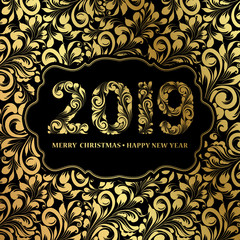 Happy new year card with floral style pattern on black background and sign 2019, marry christmas on the center. The card containes holiday template text. Vector illustration.