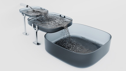 Three Grey Square Bowls Almost Full where Water filling up