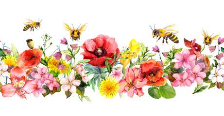 Bees in meadow flowers, summer grasses, wild leaves. Repeating floral horizontal border. Watercolor - obrazy, fototapety, plakaty
