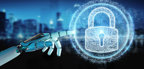 White cyborg hand protecting his datas with digital security hologram 3D rendering