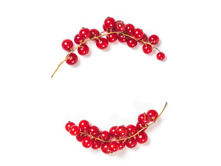 Creative layout - two branches of red currant. Food and diet concept. Top view of ripe red currant...