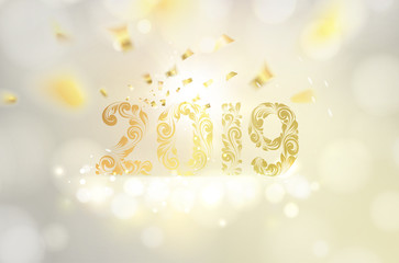 New year calendar label. Golden sign 2018 over gray bokeh background. Vector illustration.