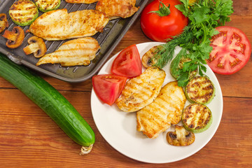 Grilled poultry meat on dish and grill pan, vegetables, greens
