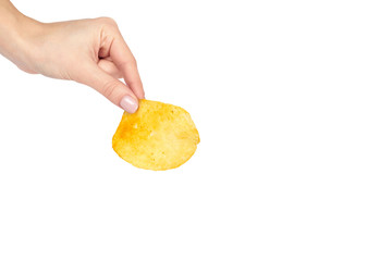 Golden potato chip with hand, isolated on white background. copy space template