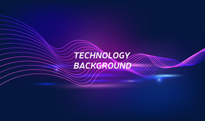 Abstract energy stream design on dark background, colored violet and blue. Contains bright lights and blurry particles.