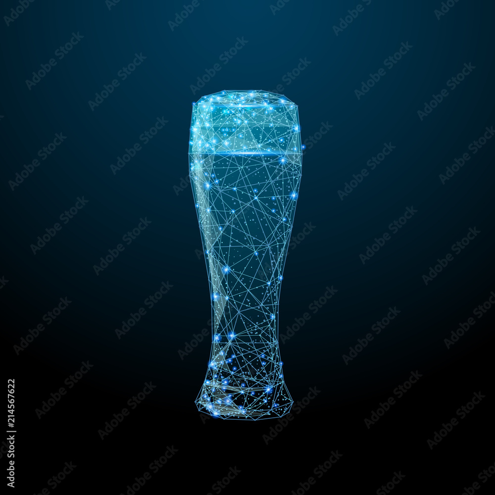 Leinwandbilder Abstract image of a glass of beer in the form of a starry sky or space, consisting of points, lines, and shapes in the form of planets, stars and the universe. Alcohol vector wireframe