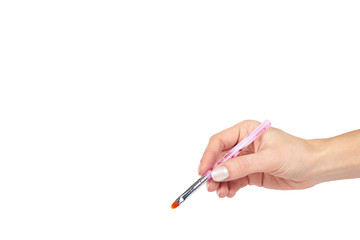 Makeup brush with hand, isolated on white background, copy space template