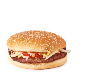 Fresh tasty burger with cheese isolated on white background. Fast food Cheeseburger, copy space template