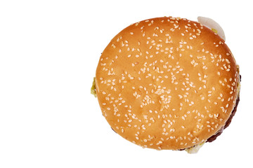 Fresh tasty burger with cheese isolated on white background. Fast food Cheeseburger, copy space template