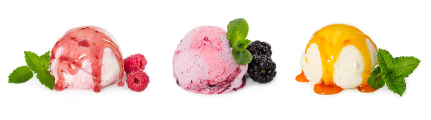 Set of different ice cream scoops with berries and mint